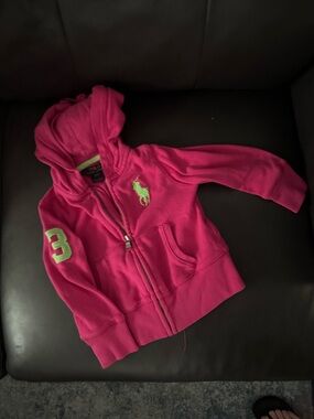Polo Ralph Lauren Girls Hooded Sweat Jacket Hoodie Pink/ Neon Green Pony 2T EUC